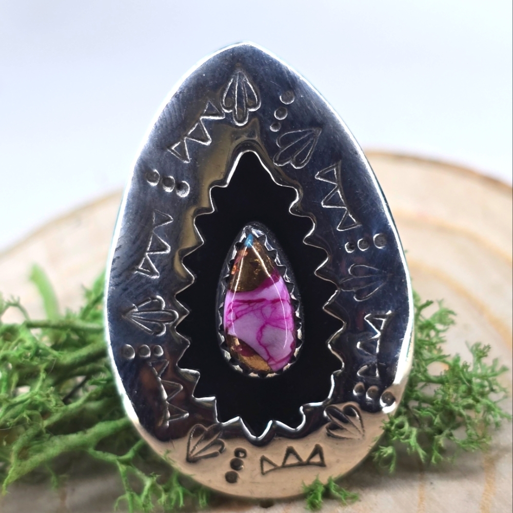 🌻 Natural Kingmans Turquoise Handstamped  Shadowbox Sterling Ring 9